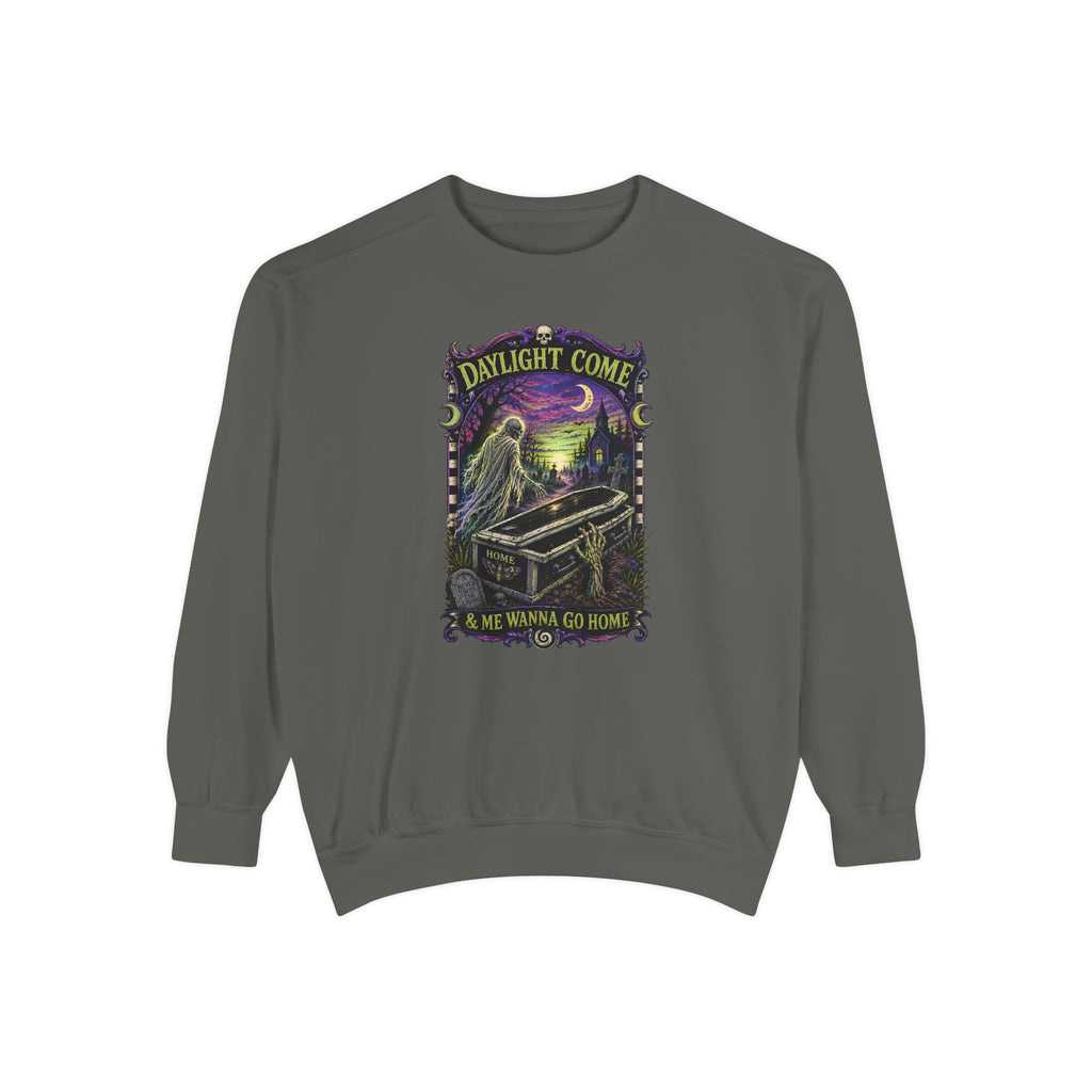 Daylight Come Coffin in Forest Sweatshirt | Sunset Gothic Cemetery Scene
