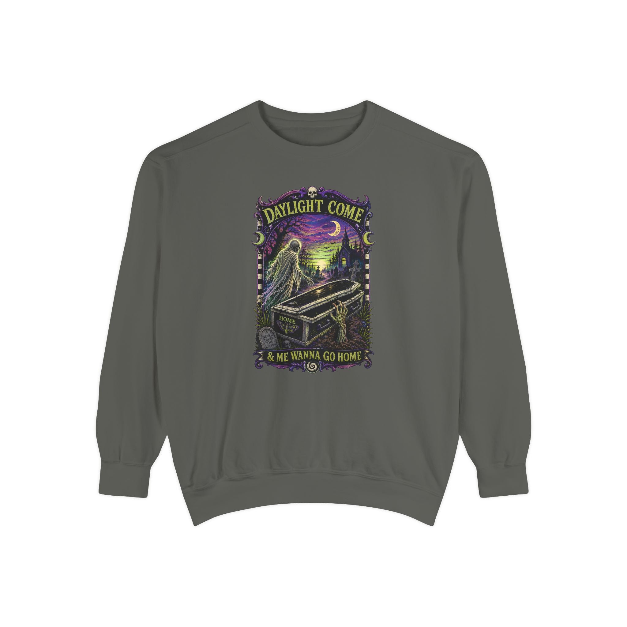Daylight Come Coffin in Forest Sweatshirt | Sunset Gothic Cemetery Scene