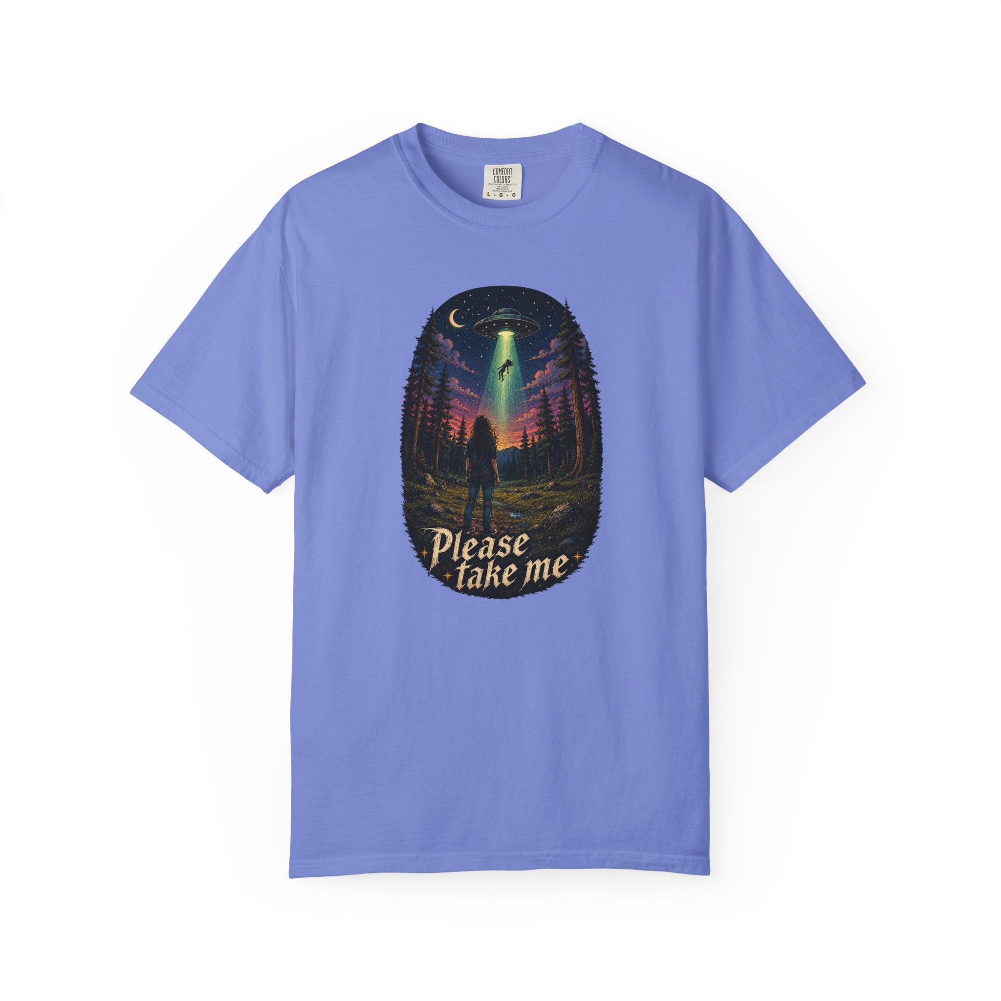 Please Take Me UFO abduction forest scene T-shirt | retro night sky illustration