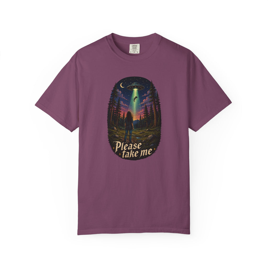 Please Take Me UFO abduction forest scene T-shirt | retro night sky illustration