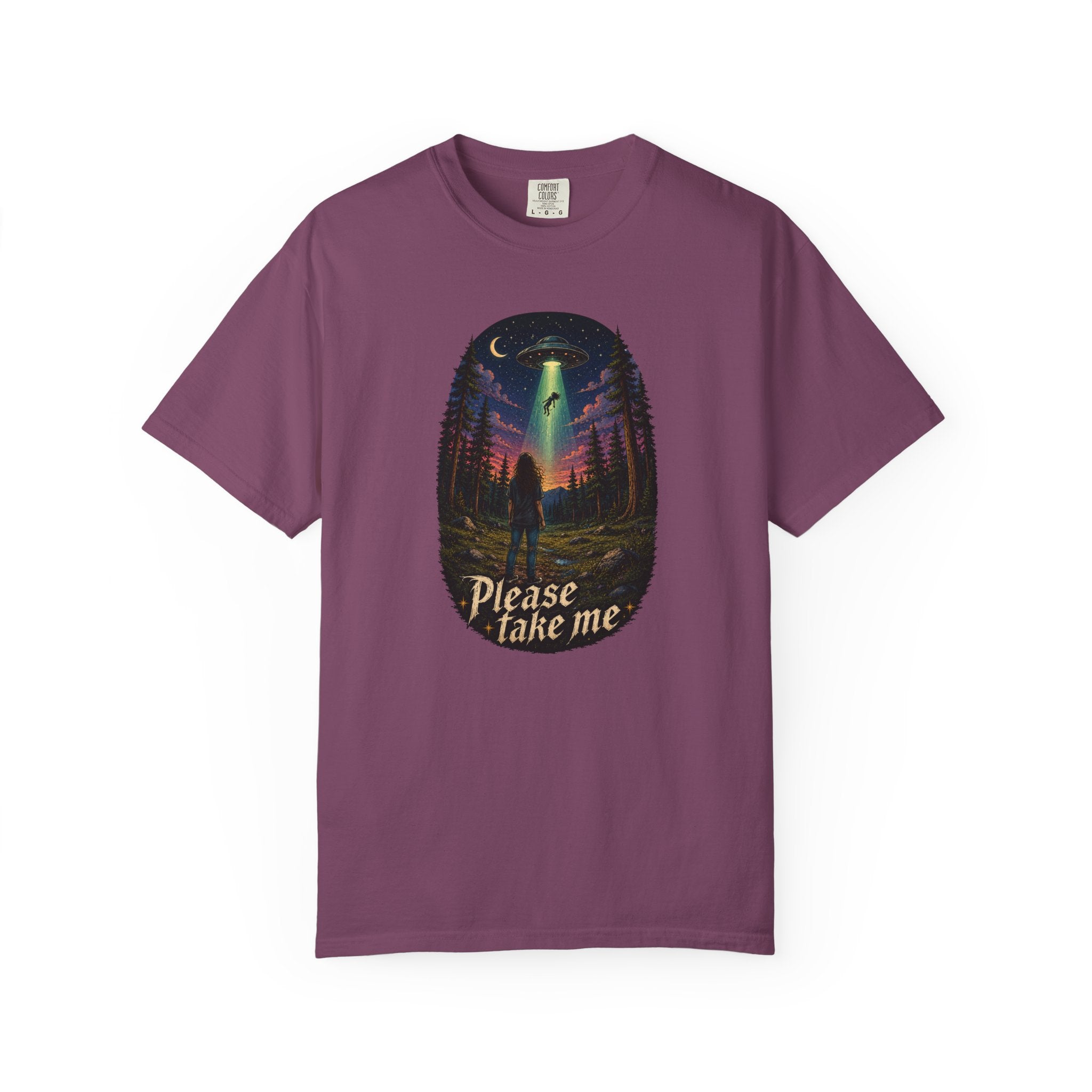 Please Take Me UFO abduction forest scene T-shirt | retro night sky illustration