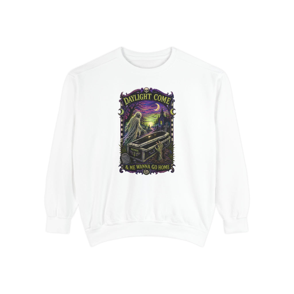 Daylight Come Coffin in Forest Sweatshirt | Sunset Gothic Cemetery Scene