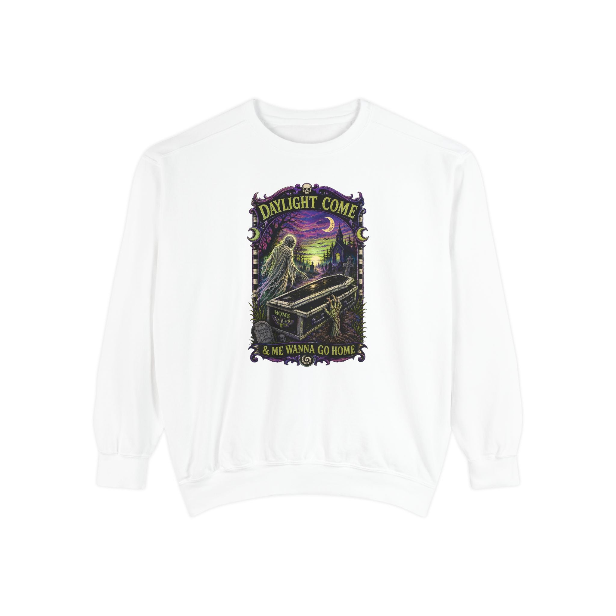 Daylight Come Coffin in Forest Sweatshirt | Sunset Gothic Cemetery Scene