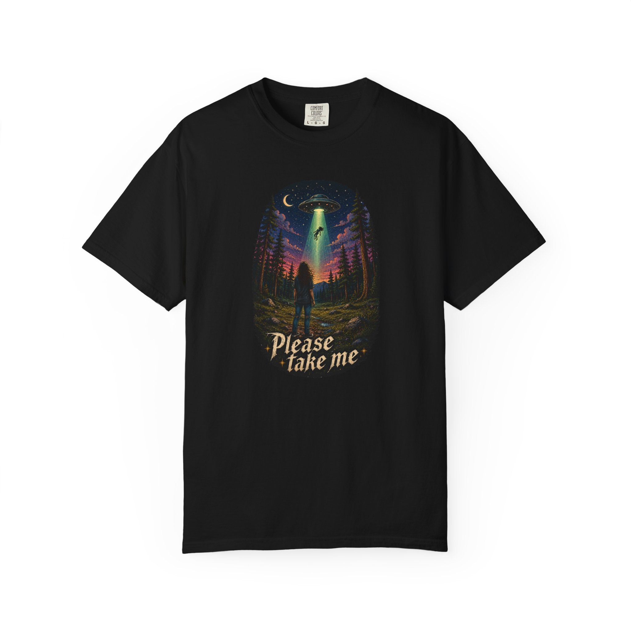 Please Take Me UFO abduction forest scene T-shirt | retro night sky illustration