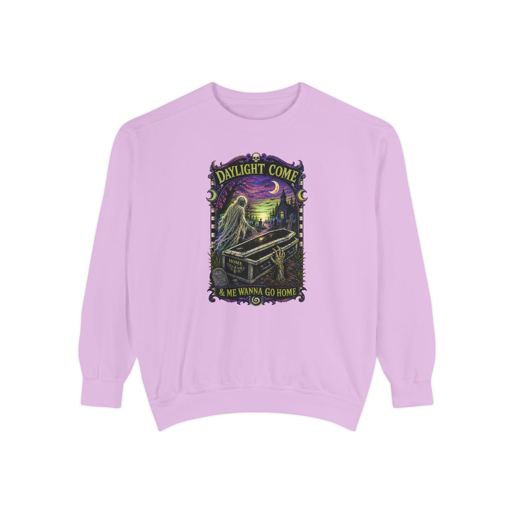 Daylight Come Coffin in Forest Sweatshirt | Sunset Gothic Cemetery Scene