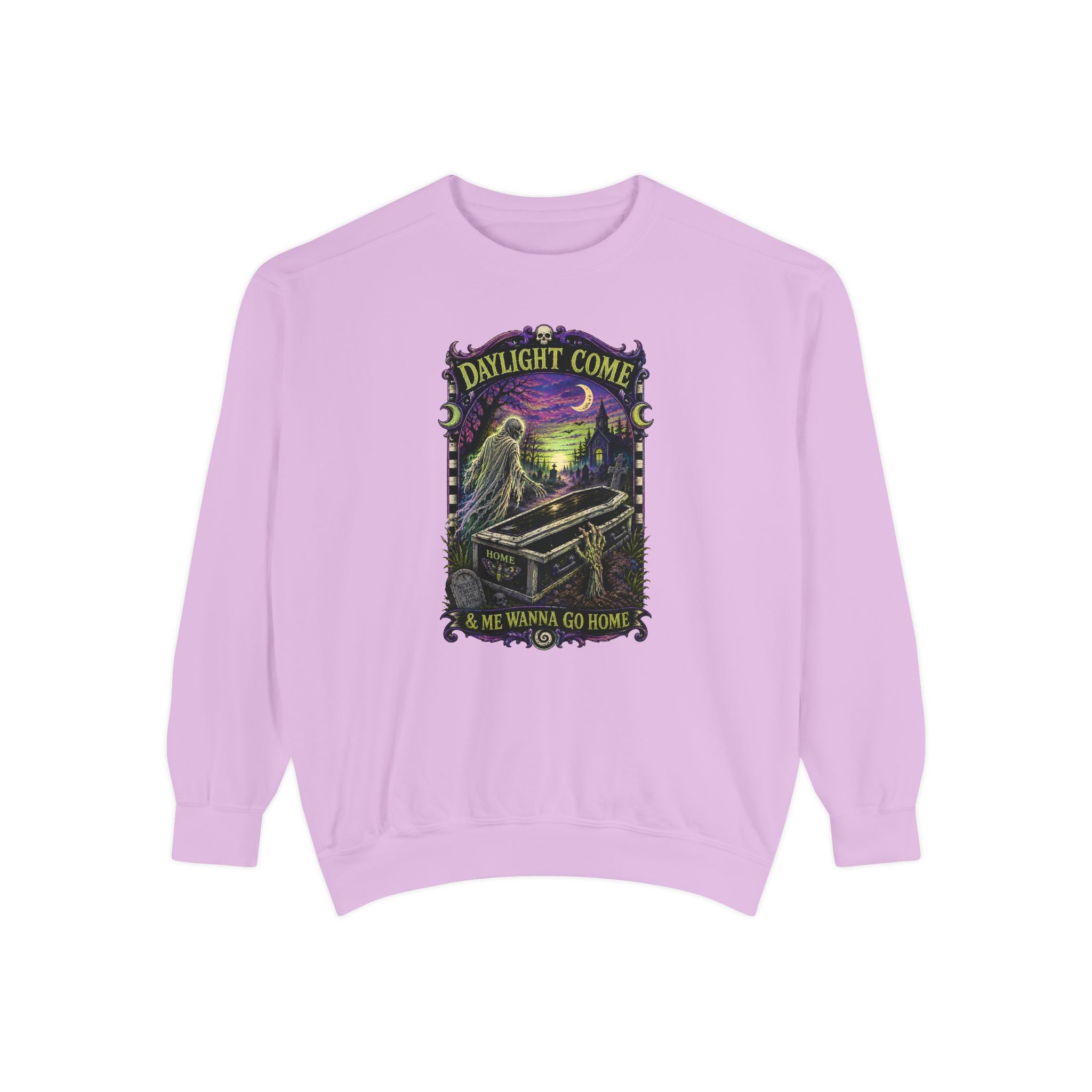 Daylight Come Coffin in Forest Sweatshirt | Sunset Gothic Cemetery Scene