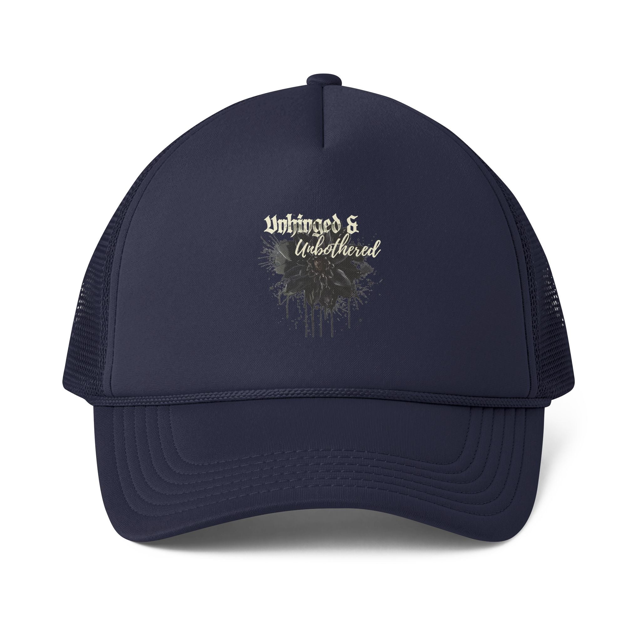 Unhinged & Unbothered Floral Trucker Cap | Script Logo Mesh-Back Hat