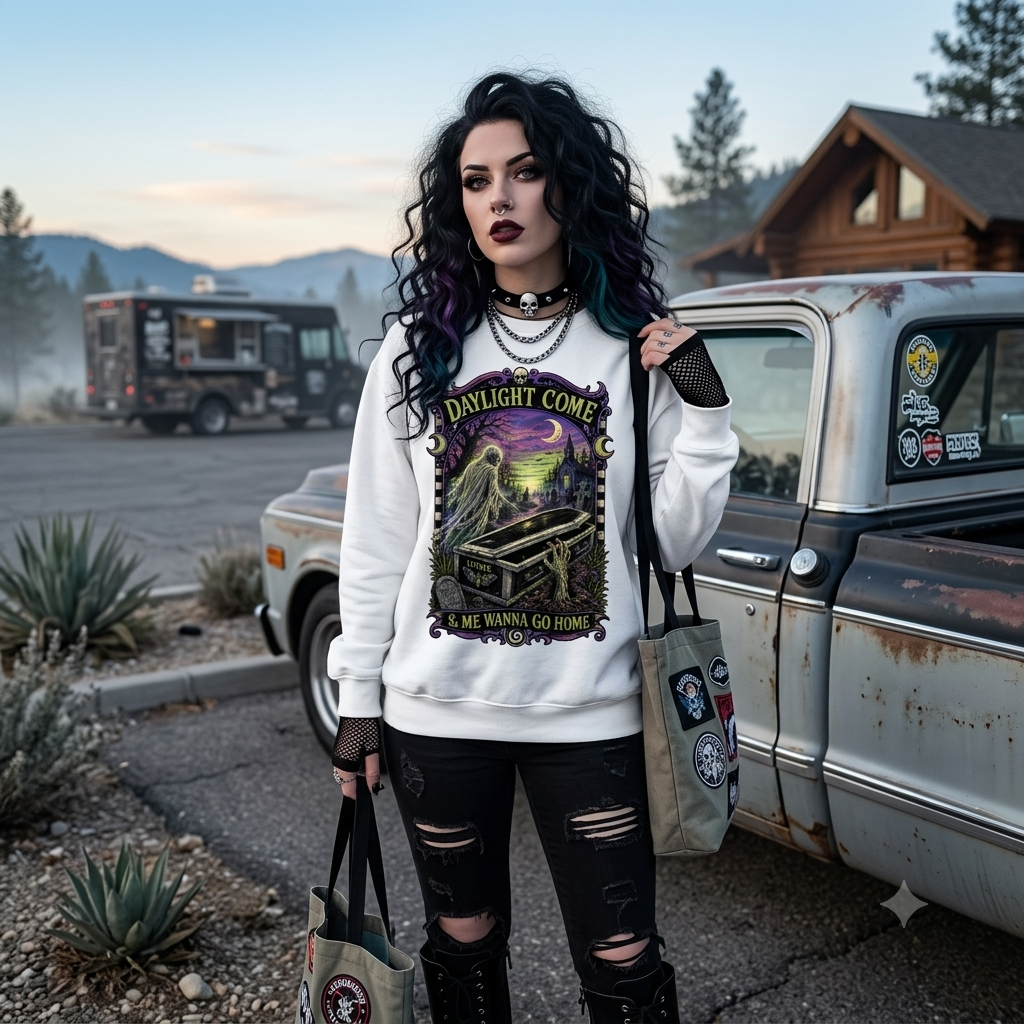 Daylight Come Coffin in Forest Sweatshirt | Sunset Gothic Cemetery Scene