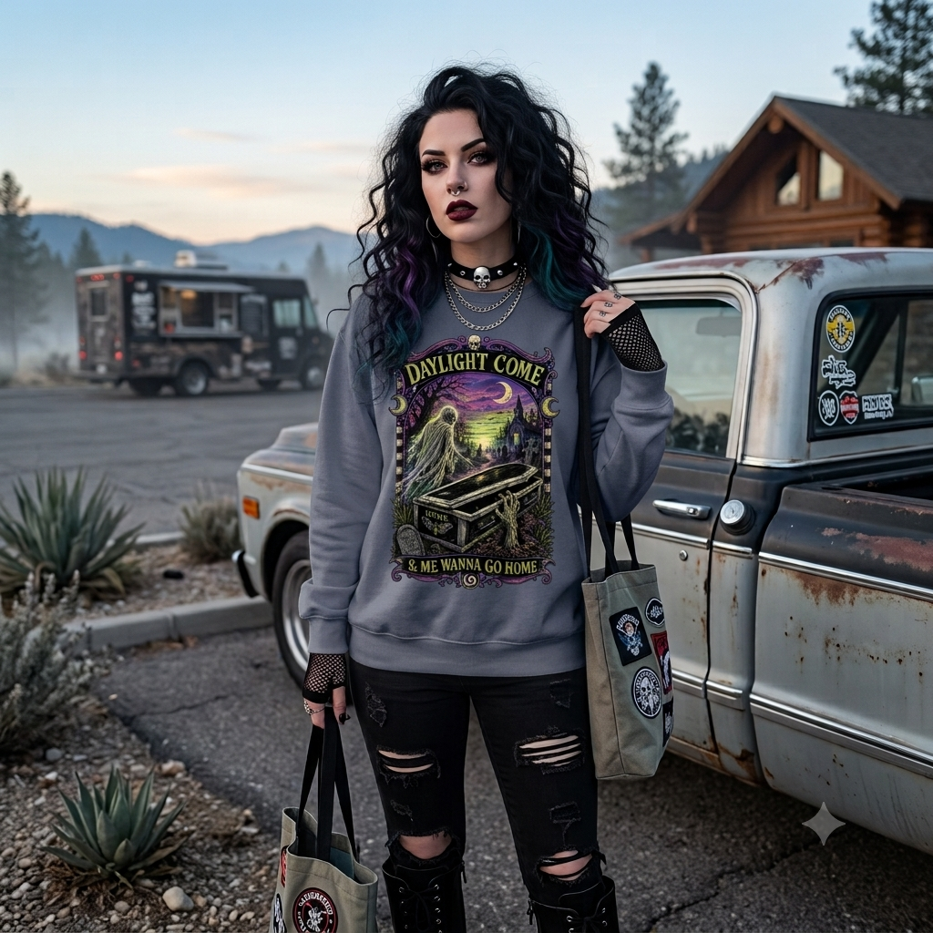 Daylight Come Coffin in Forest Sweatshirt | Sunset Gothic Cemetery Scene