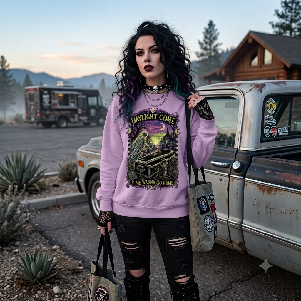 Daylight Come Coffin in Forest Sweatshirt | Sunset Gothic Cemetery Scene