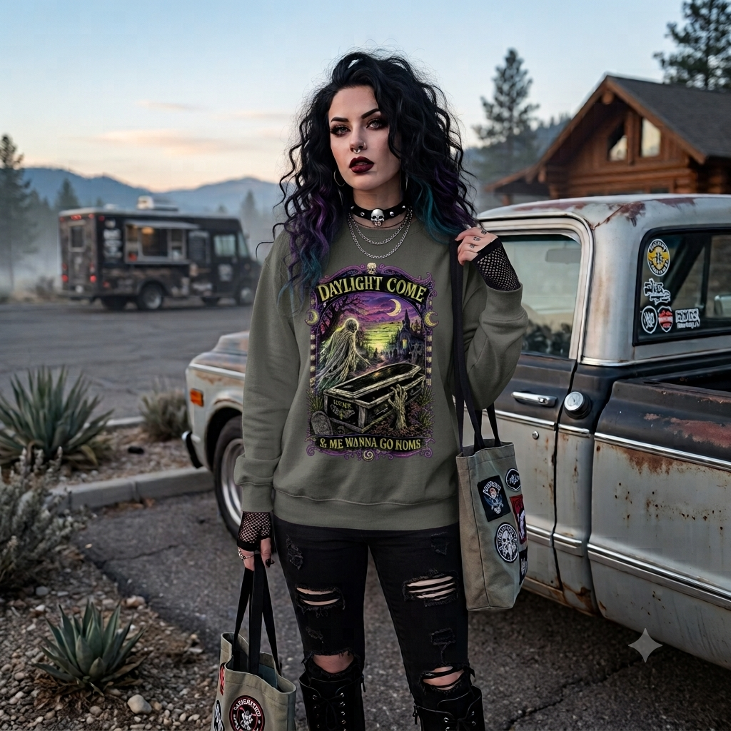 Daylight Come Coffin in Forest Sweatshirt | Sunset Gothic Cemetery Scene