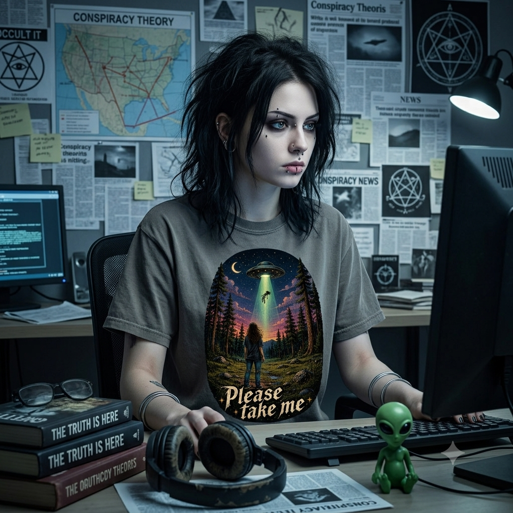 Please Take Me UFO abduction forest scene T-shirt | retro night sky illustration