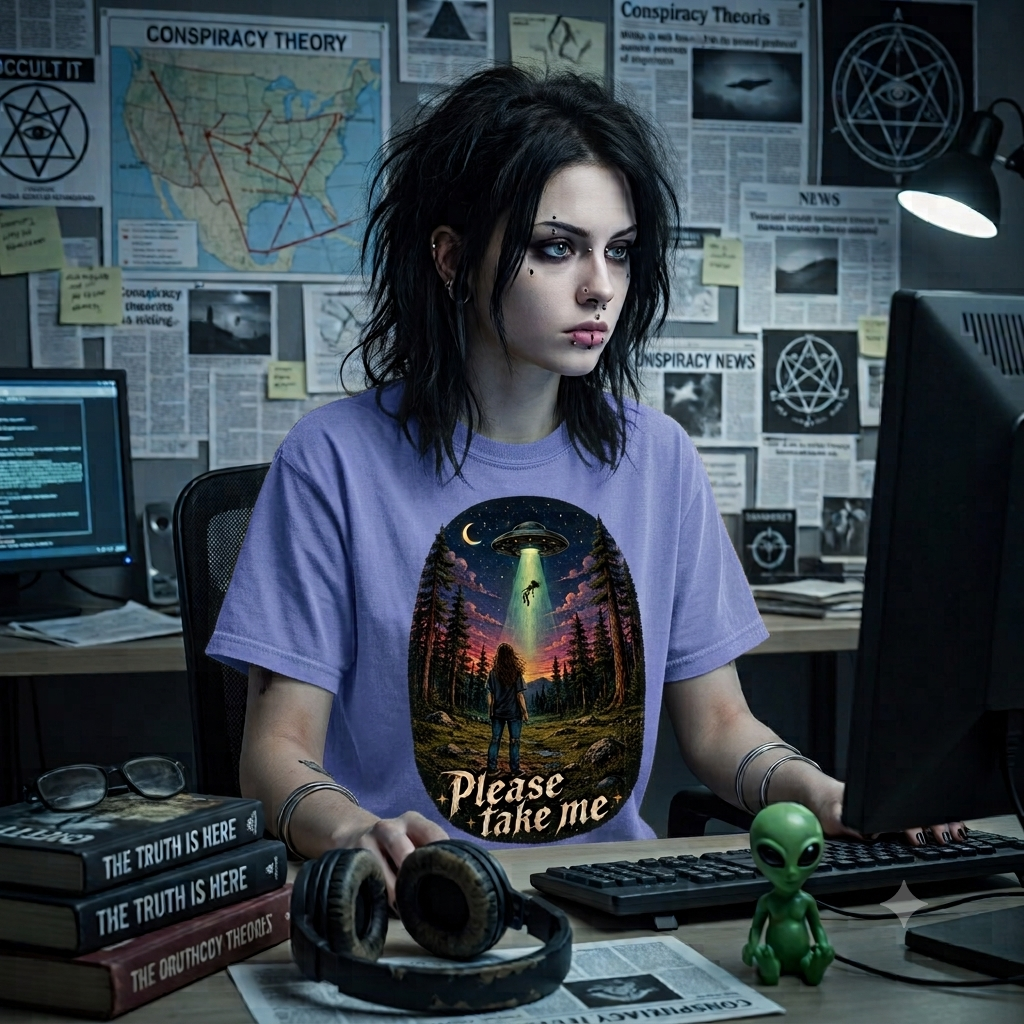 Please Take Me UFO abduction forest scene T-shirt | retro night sky illustration