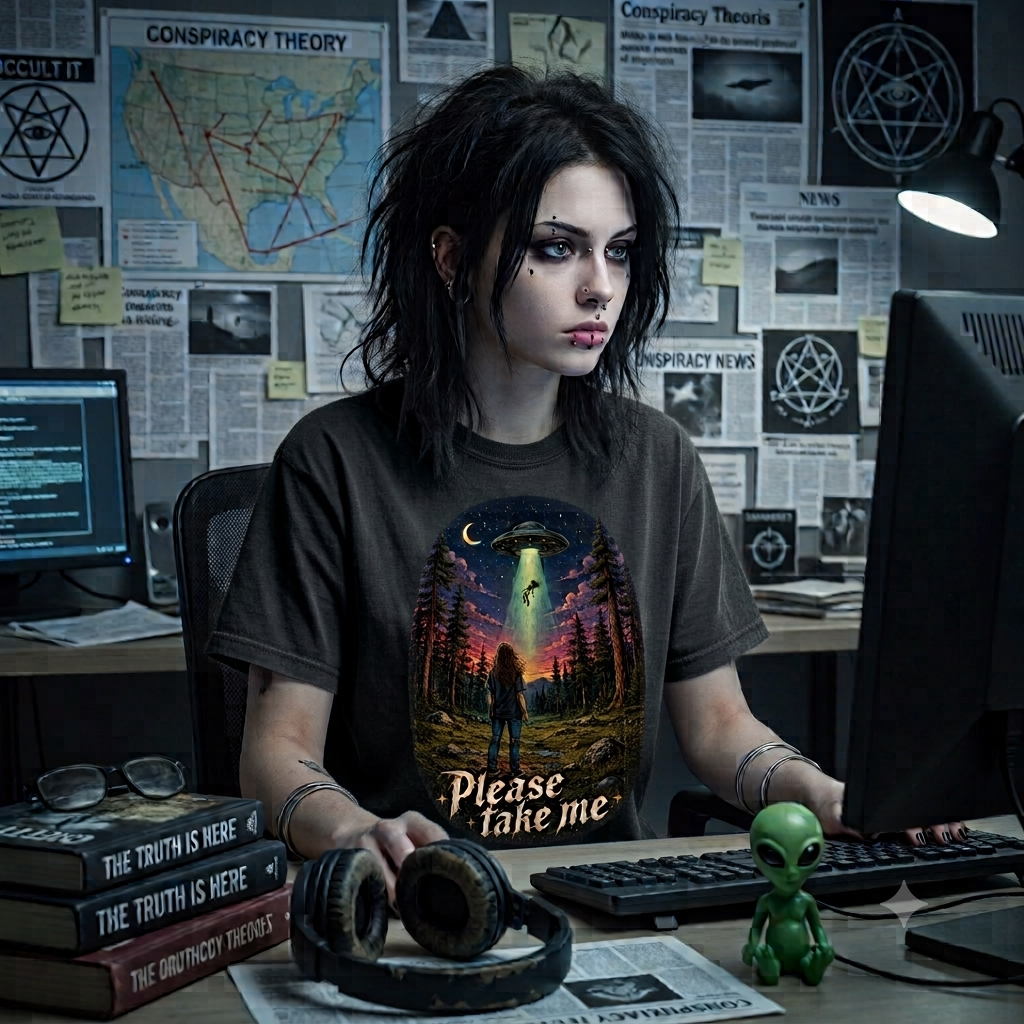 Please Take Me UFO abduction forest scene T-shirt | retro night sky illustration