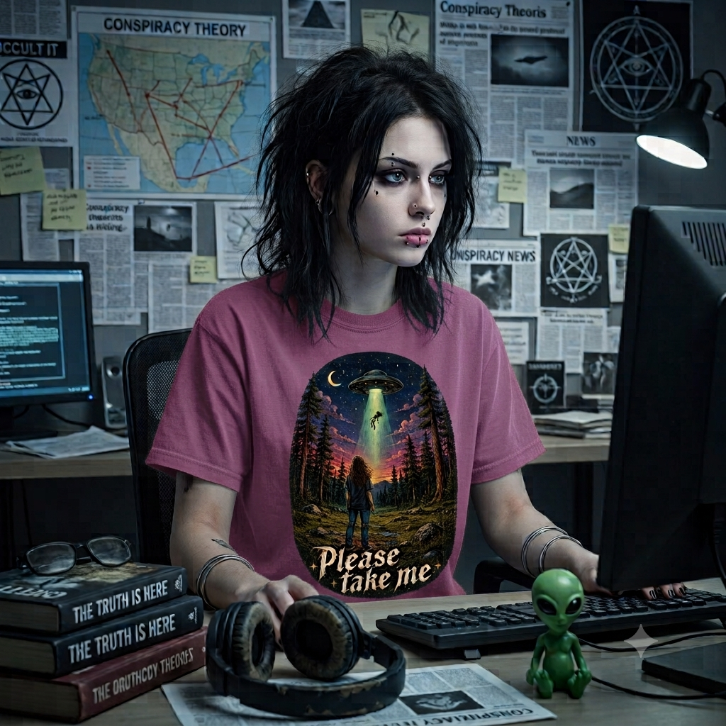 Please Take Me UFO abduction forest scene T-shirt | retro night sky illustration