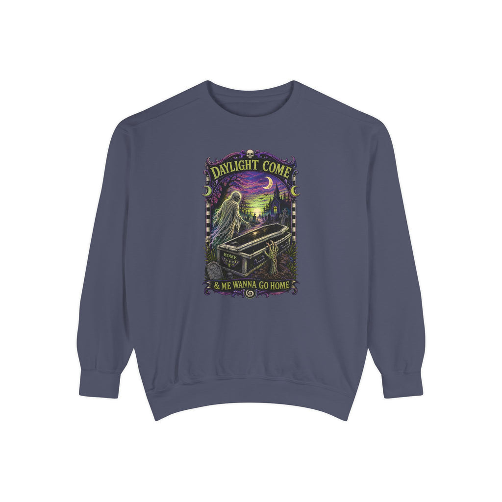 Daylight Come Coffin in Forest Sweatshirt | Sunset Gothic Cemetery Scene
