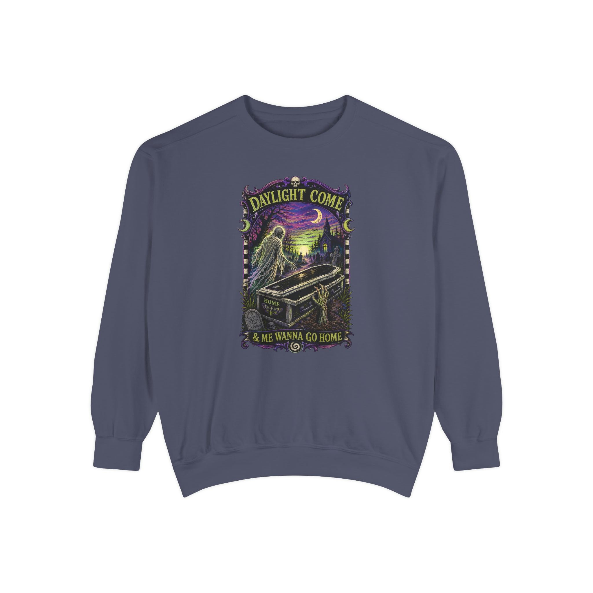 Daylight Come Coffin in Forest Sweatshirt | Sunset Gothic Cemetery Scene