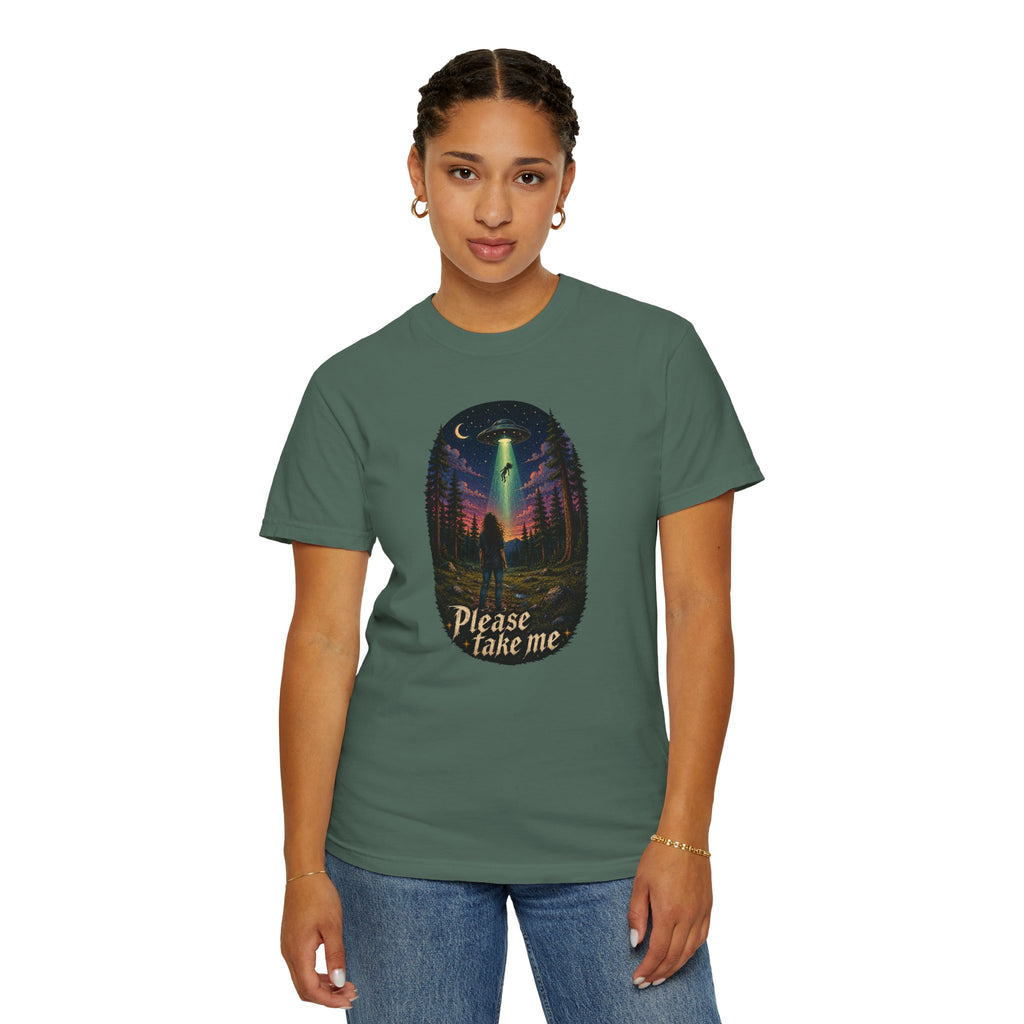 Please Take Me UFO abduction forest scene T-shirt | retro night sky illustration