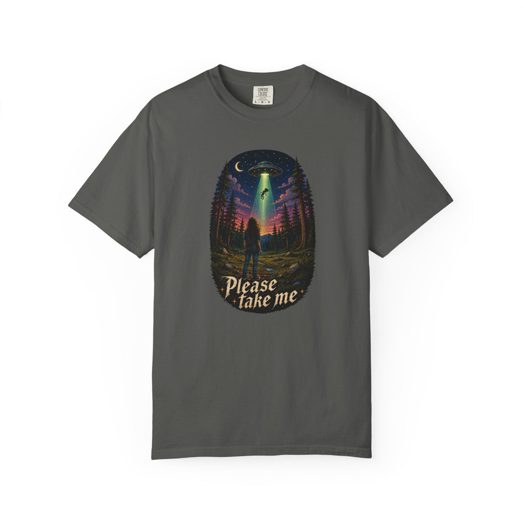 Please Take Me UFO abduction forest scene T-shirt | retro night sky illustration