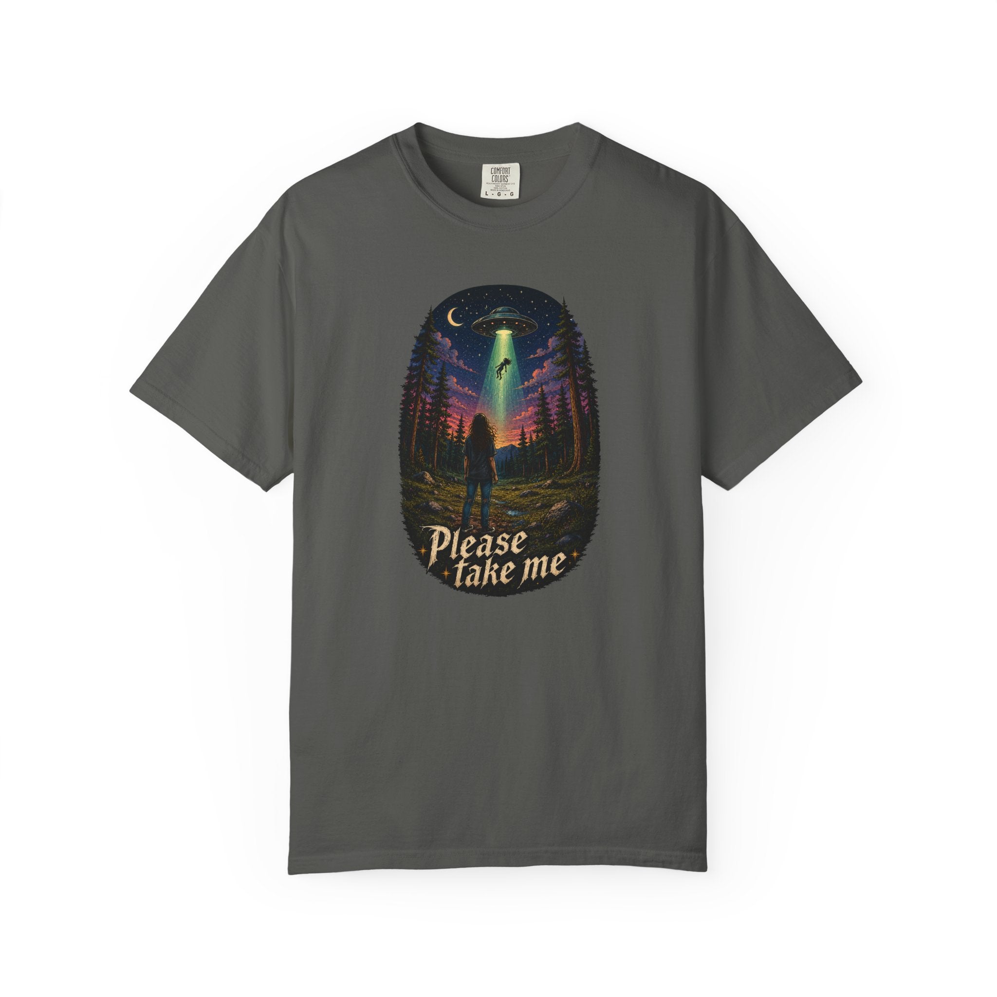Please Take Me UFO abduction forest scene T-shirt | retro night sky illustration