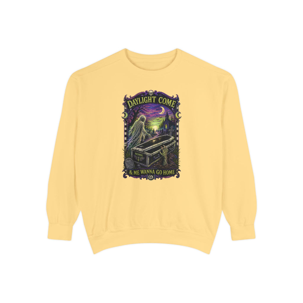 Daylight Come Coffin in Forest Sweatshirt | Sunset Gothic Cemetery Scene