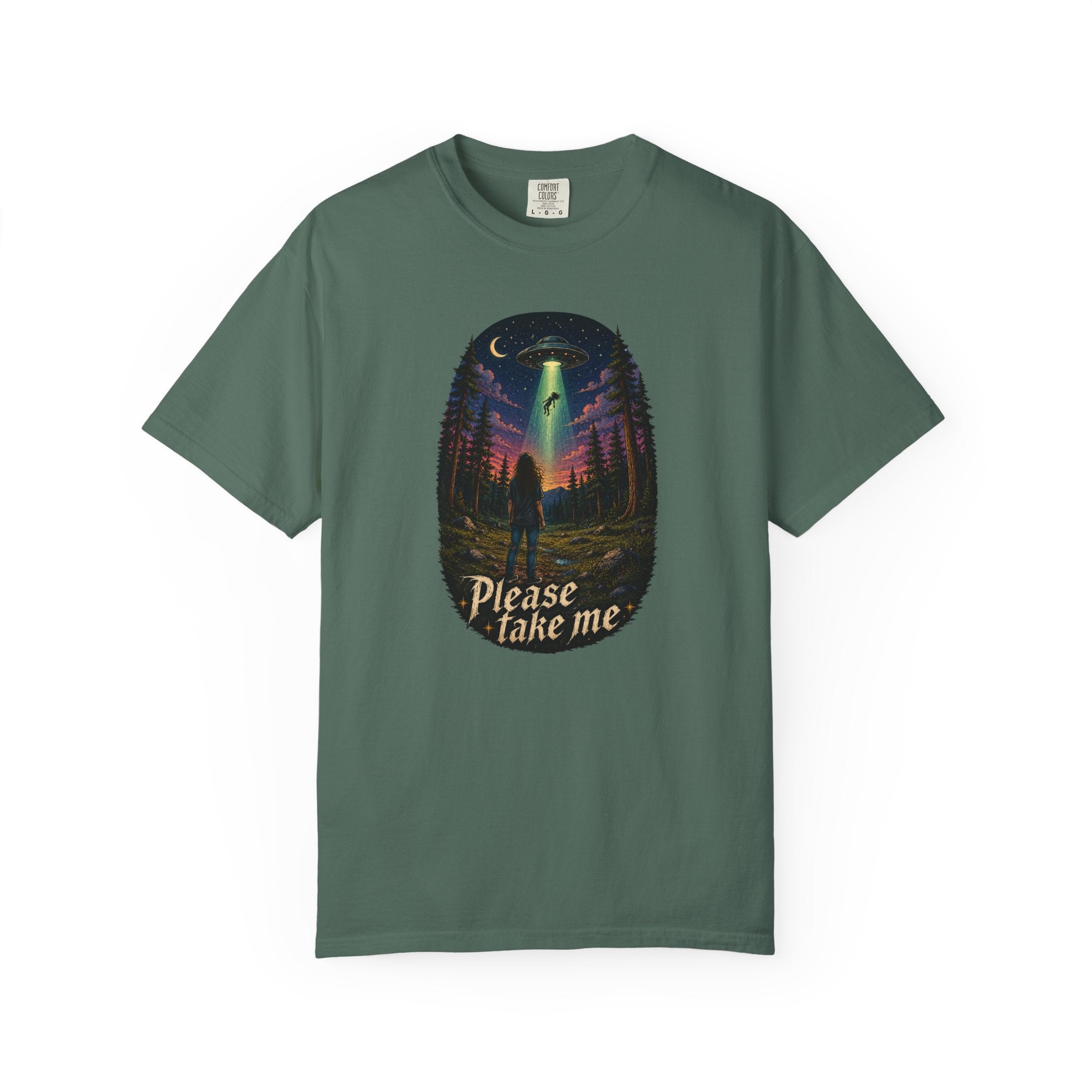 Please Take Me UFO abduction forest scene T-shirt | retro night sky illustration